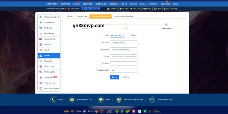 Cách rút tiền về thẻ ngân hàng từ QH88